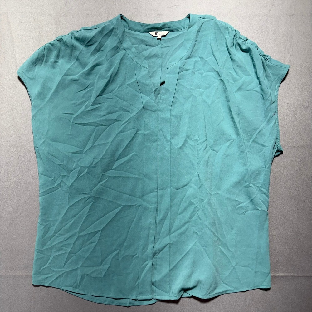 Kut from the Kloth XL Teal Green V-Neck Short Sleeve Pleated Crepe Blouse Top